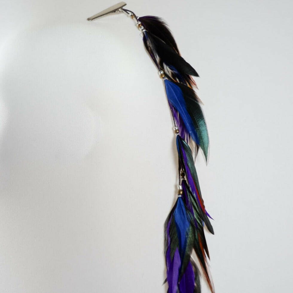 Purple Blue Black Striped Long Feather Clip.