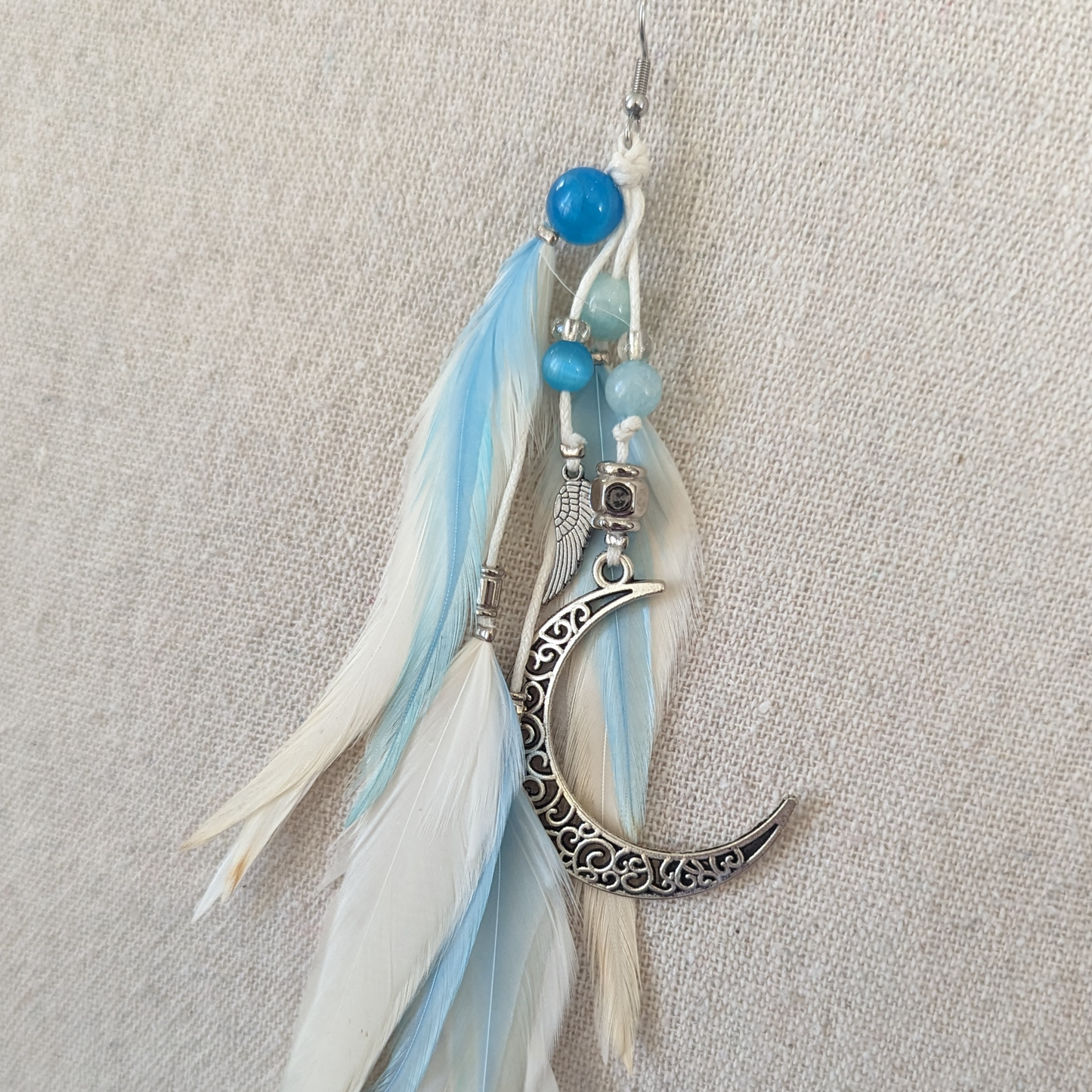 Moon White Blue Feather Earring