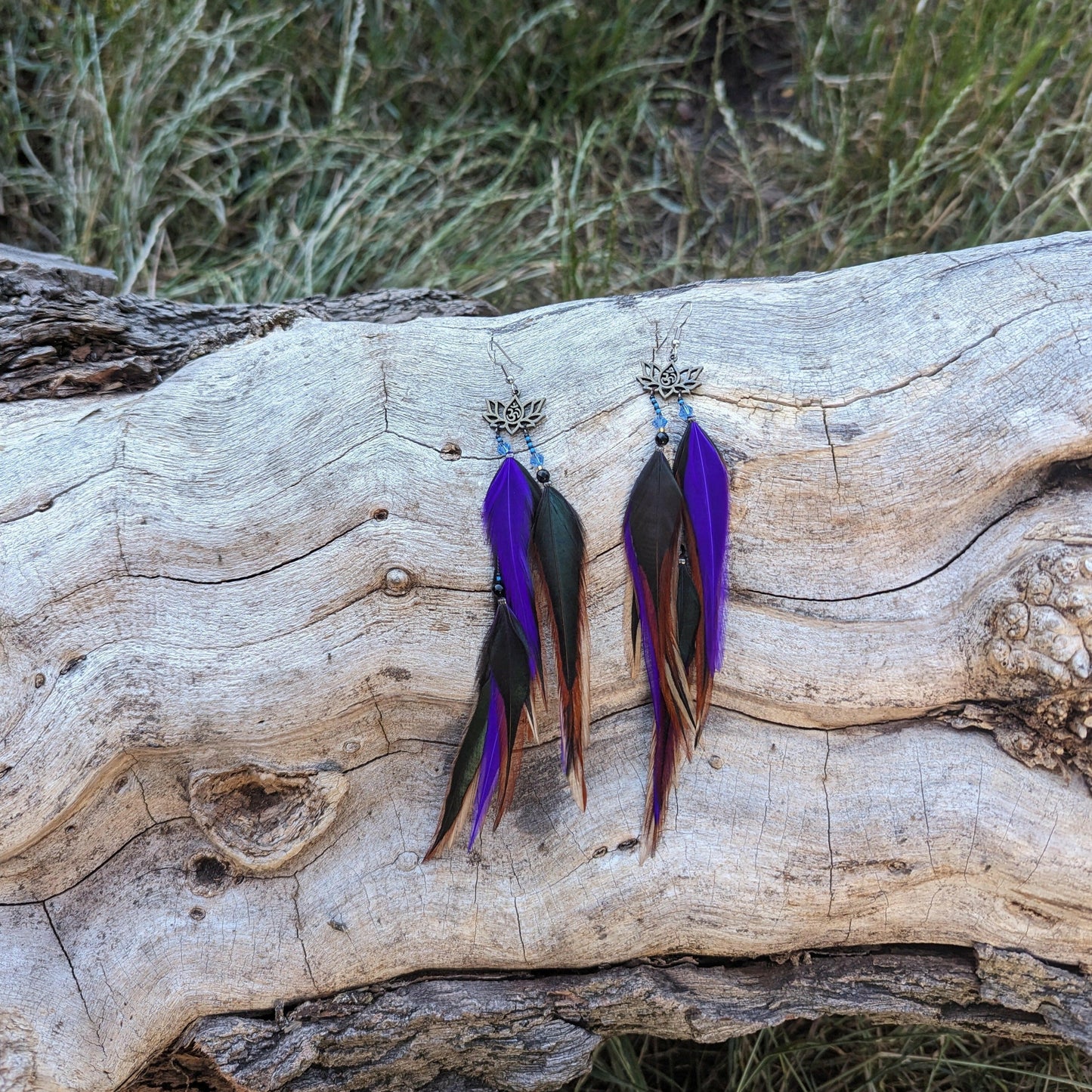 Lotus Black Purple Feather Earrings