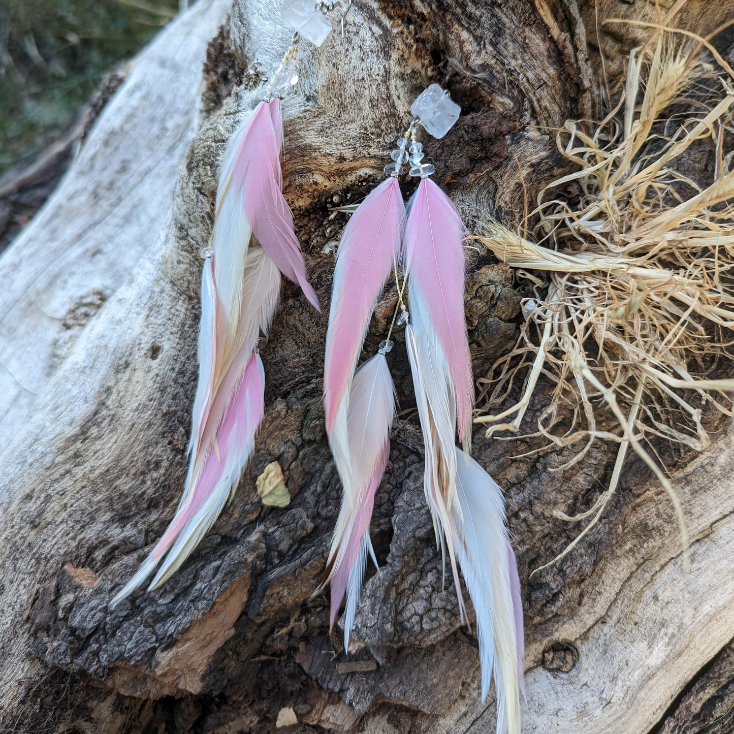 Crystal White Baby Pink Blue Feather Earrings.