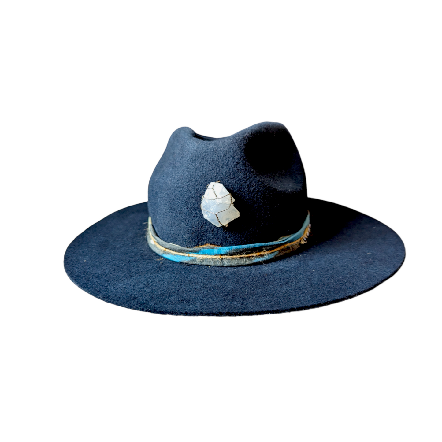 Dark Blue Fedora Wool Hat with a Crystal