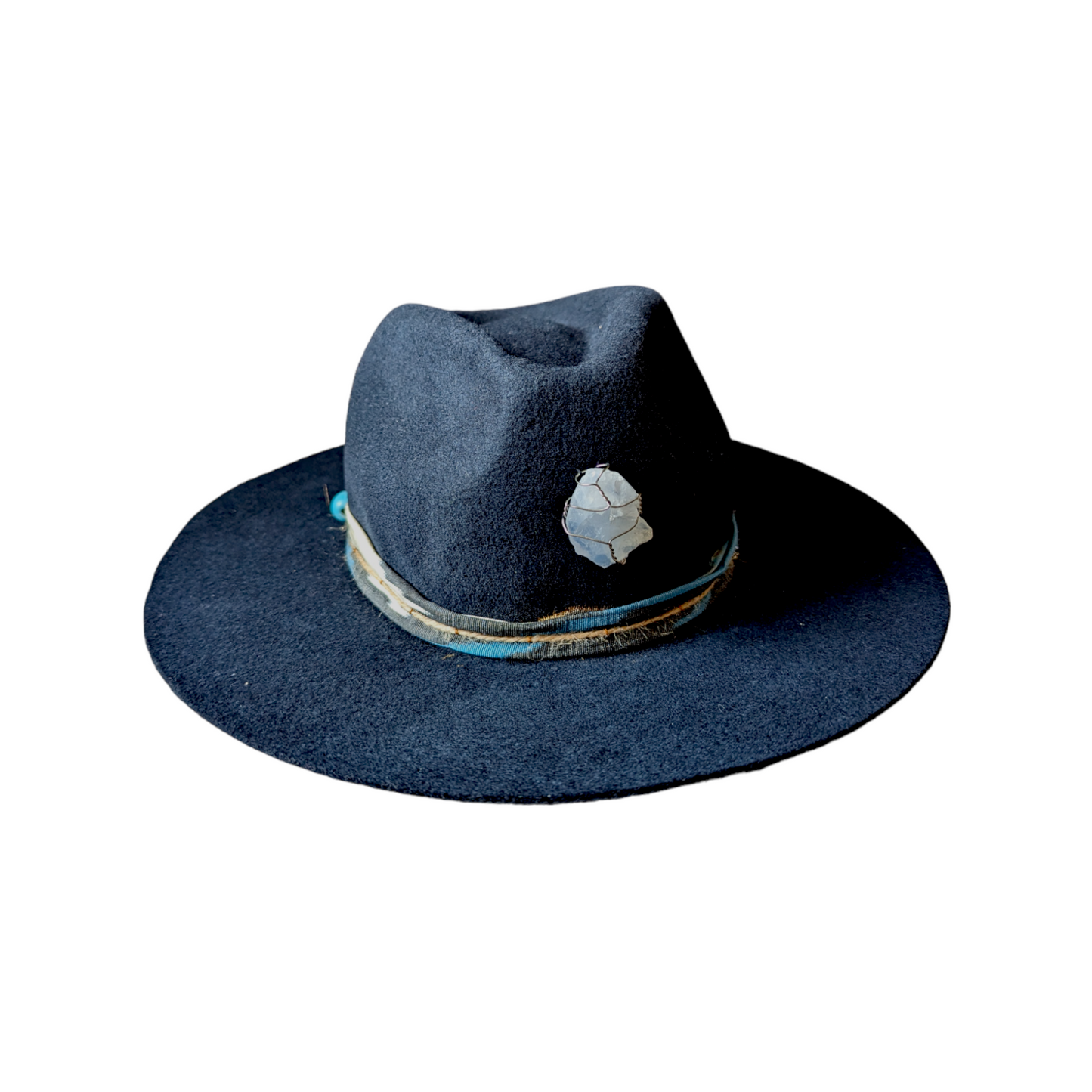 Dark Blue Fedora Wool Hat with a Crystal