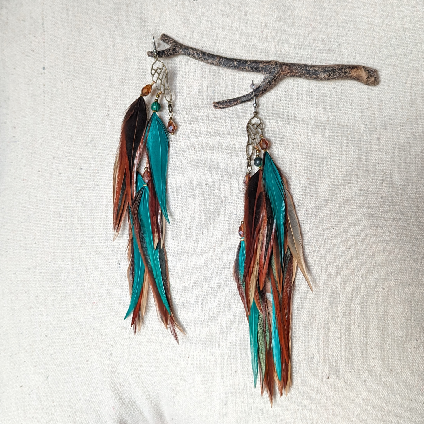 Green Brown Feather Earrings