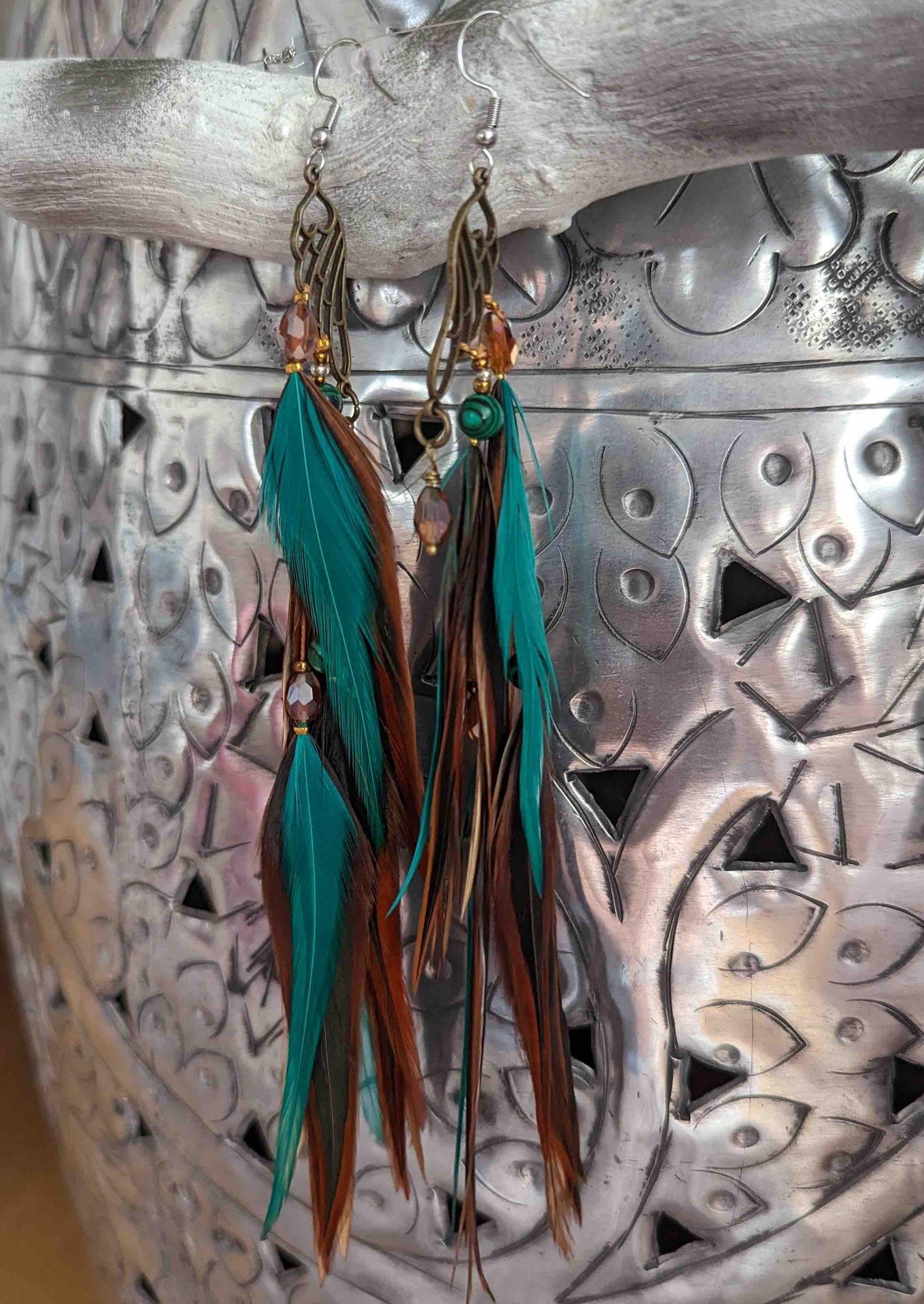 Green Brown Feather Earrings wing