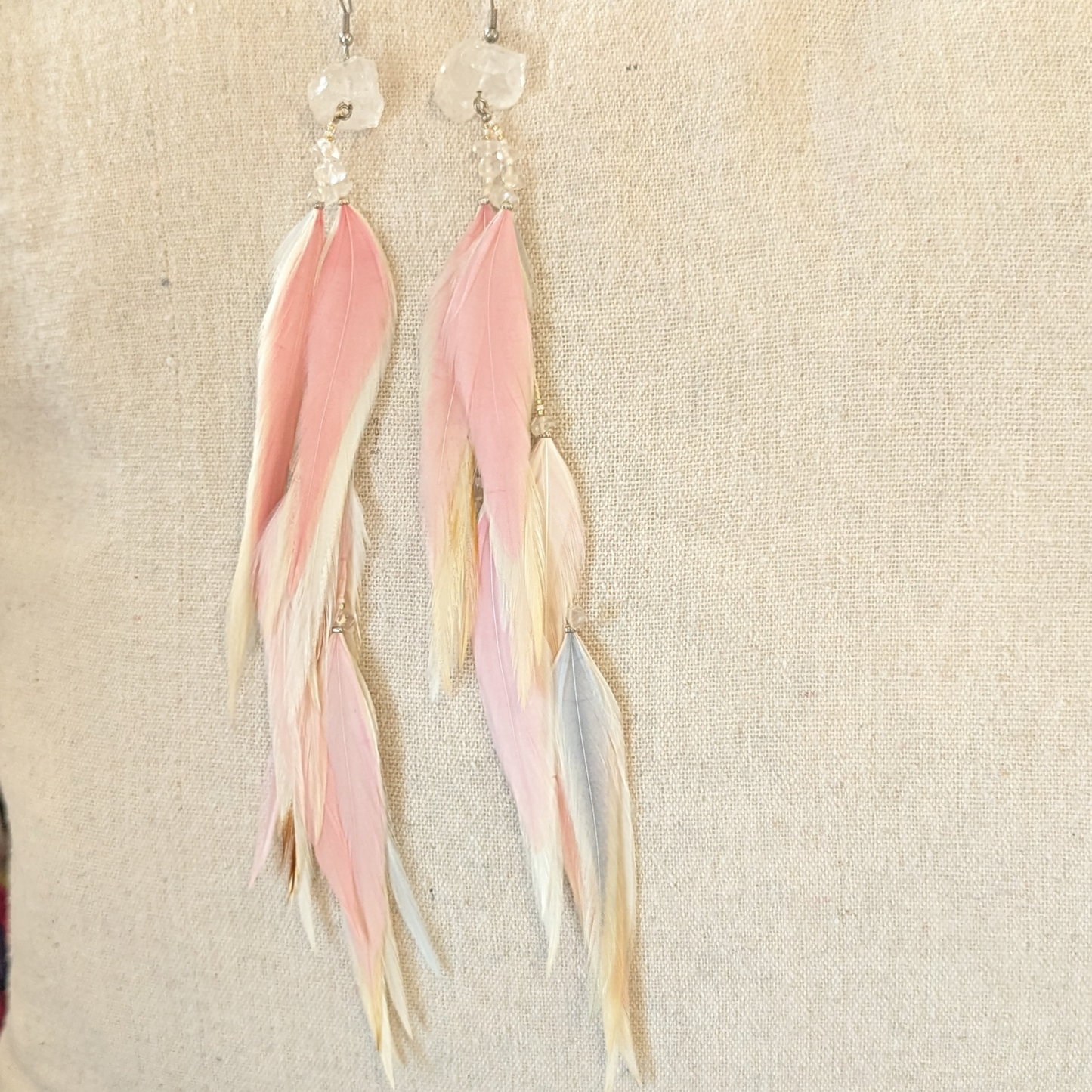 white pink feather earrings crystal