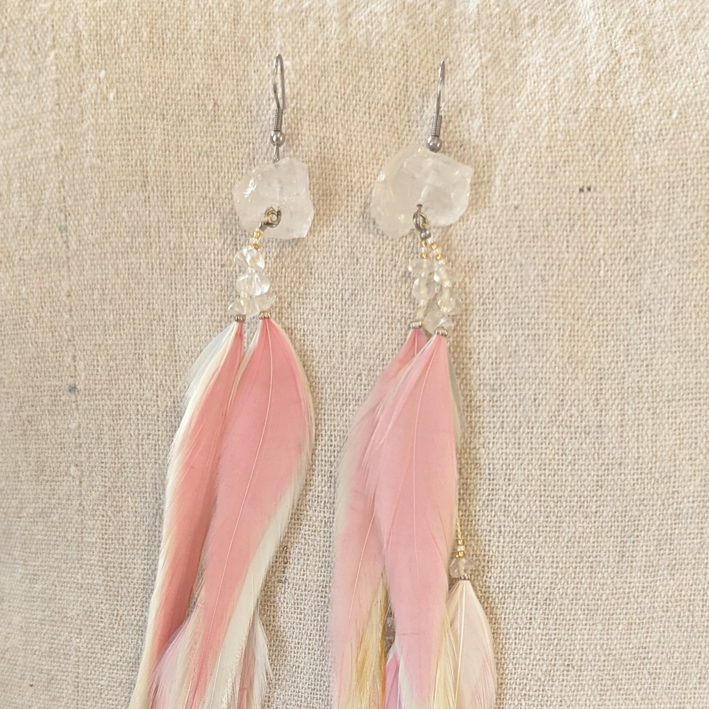 white pink feather earrings crystal