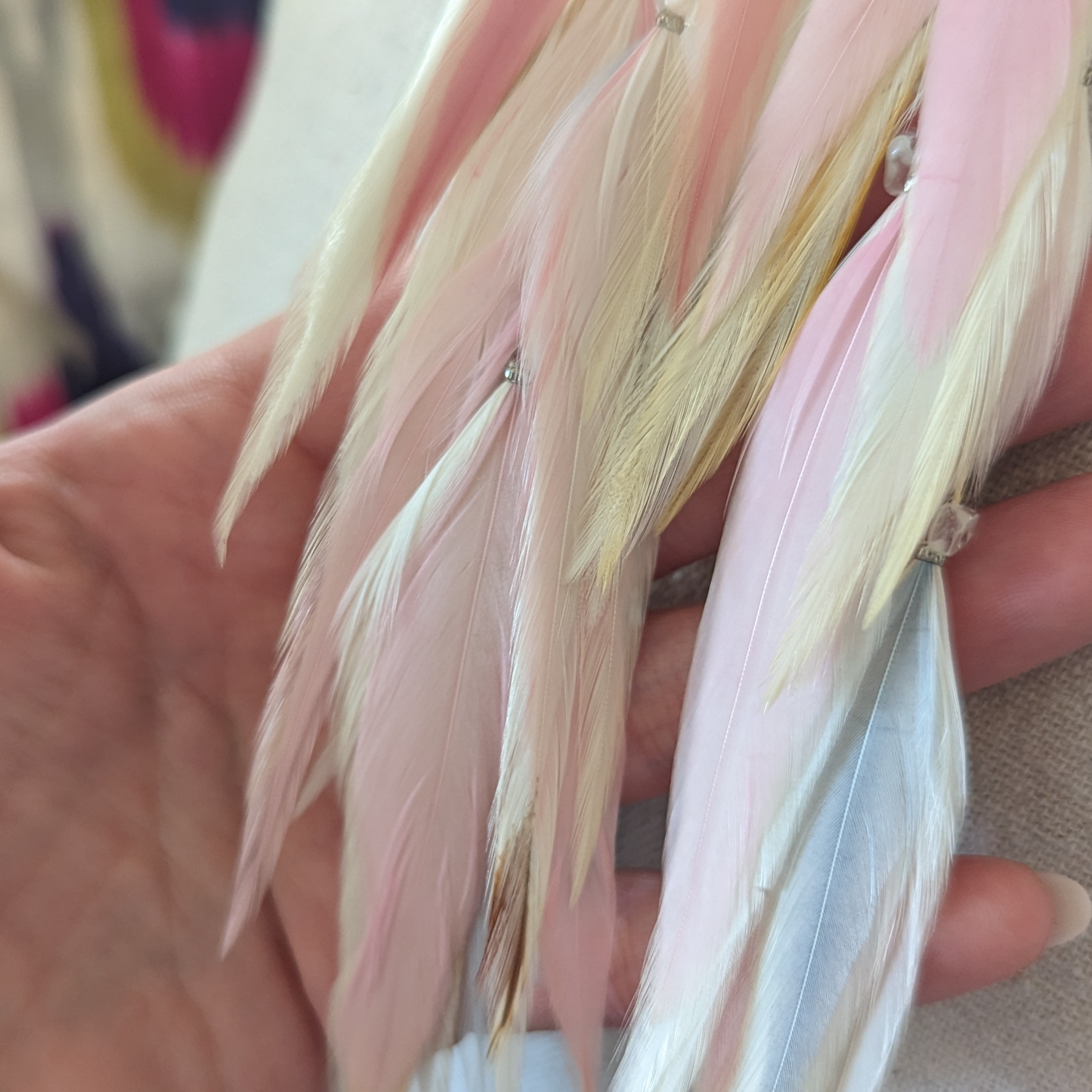 white pink feather earrings crystal