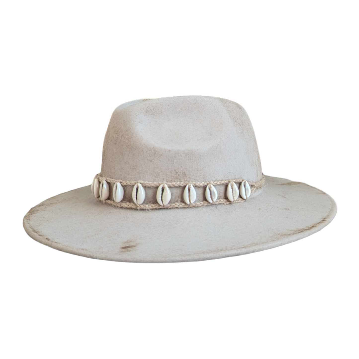 Light Grey Fur Felt Fedora Hat With Shells and Burnt Design