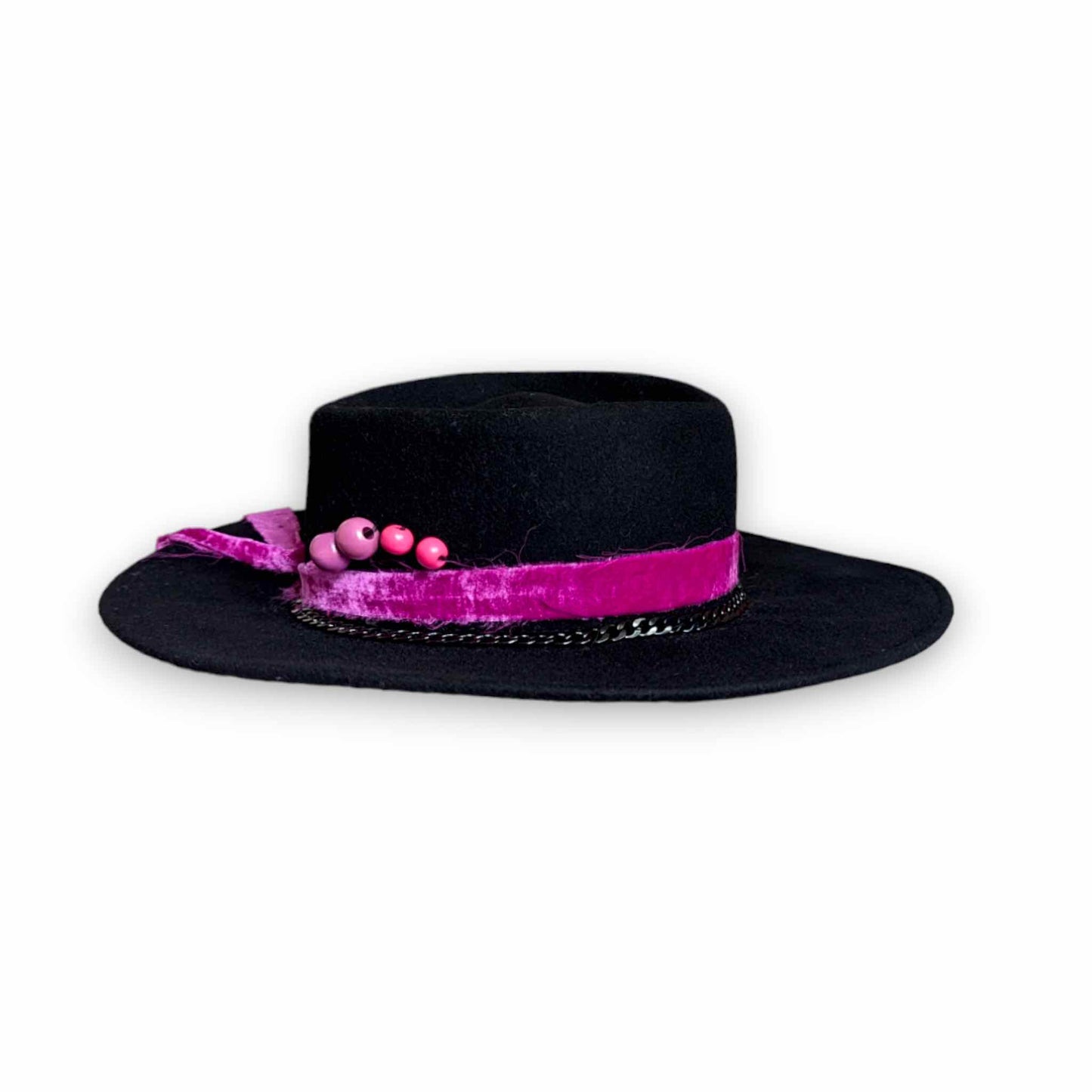 Black Fedora Wool Hat with a Fuchsia Pink Band