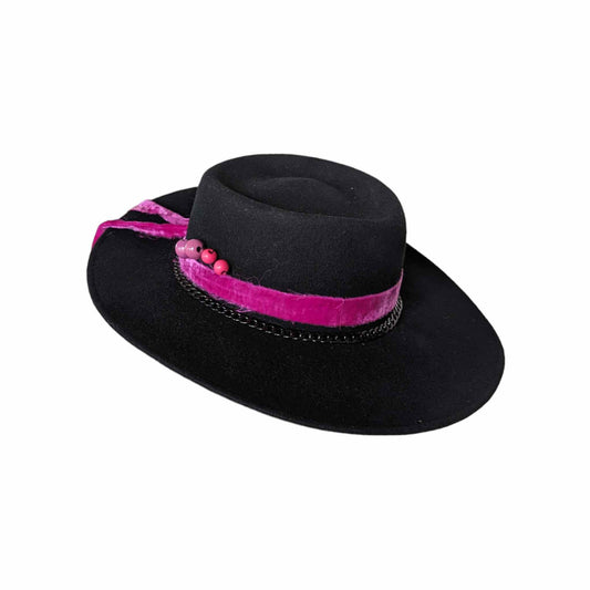 Black Fedora Wool Hat with a Fuchsia Pink Band