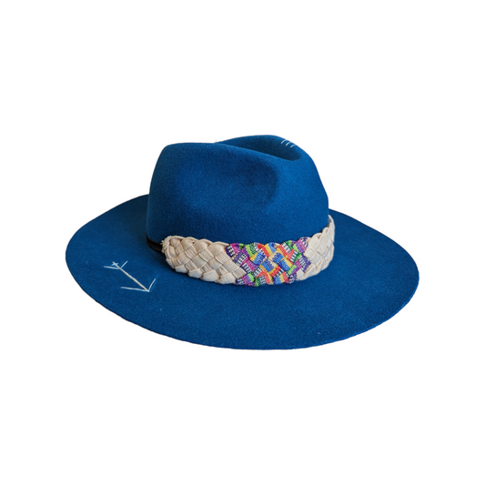 Blue Fedora Fine Wool Hat with Mayan Elements