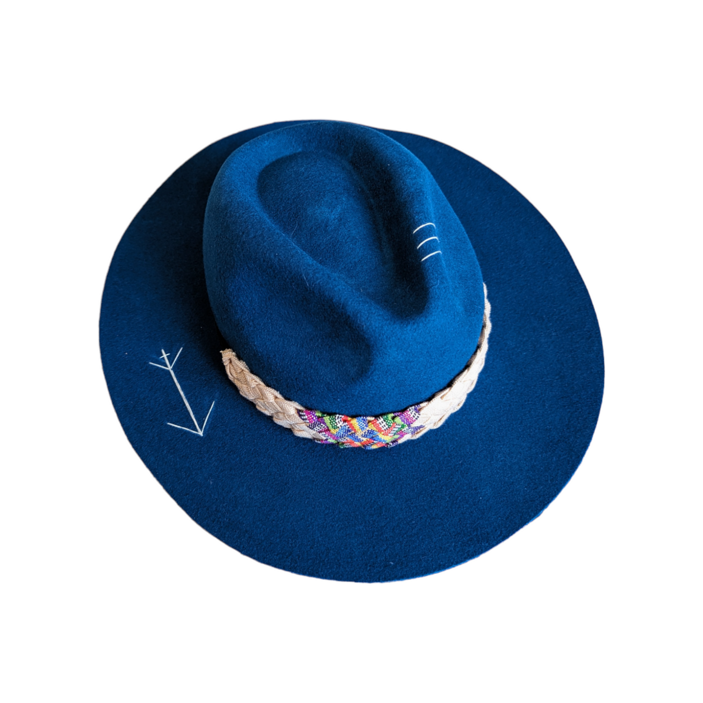 Blue Fedora Fine Wool Hat with Mayan Elements