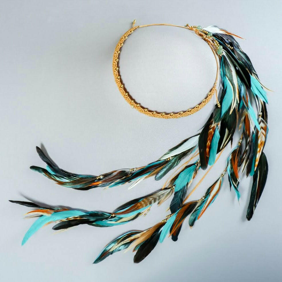 Feather Headband Turquoise Brown White