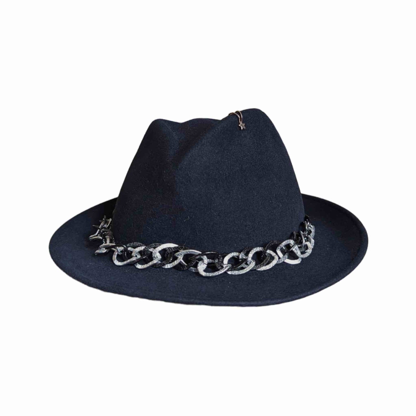 Dark Blue Felt Trilby Hat with a Chain and Feather Shop