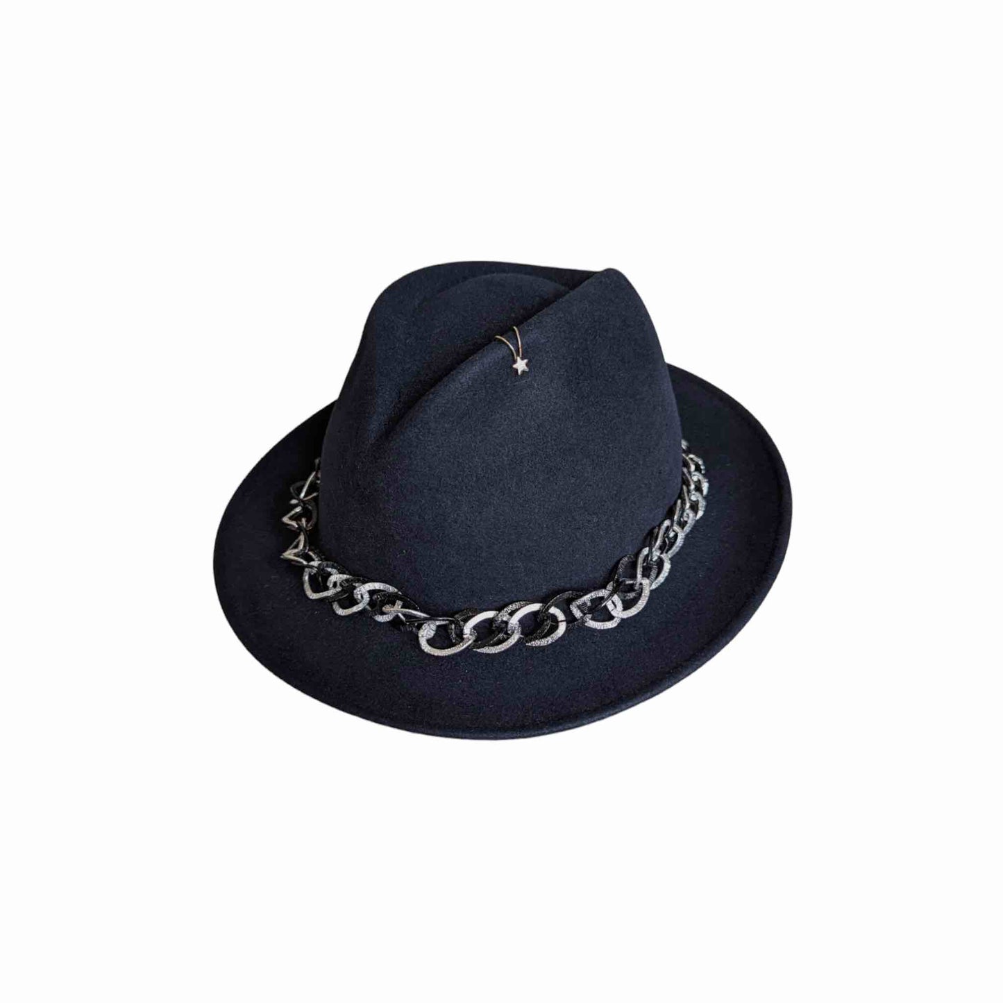 Dark Blue Felt Trilby Hat with a Chain and Feather 