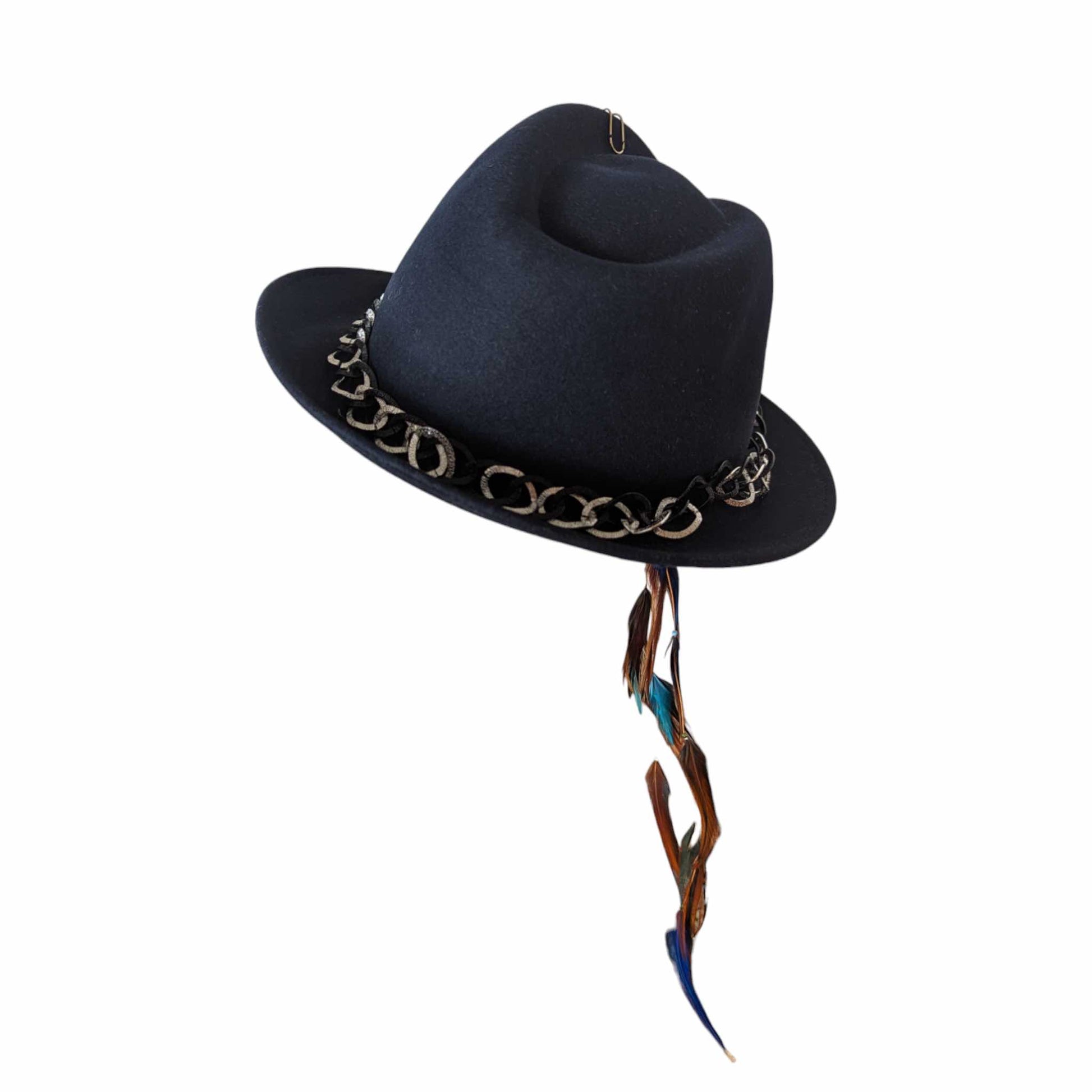 Dark Blue Felt Trilby Hat with a Chain and Feather Shop