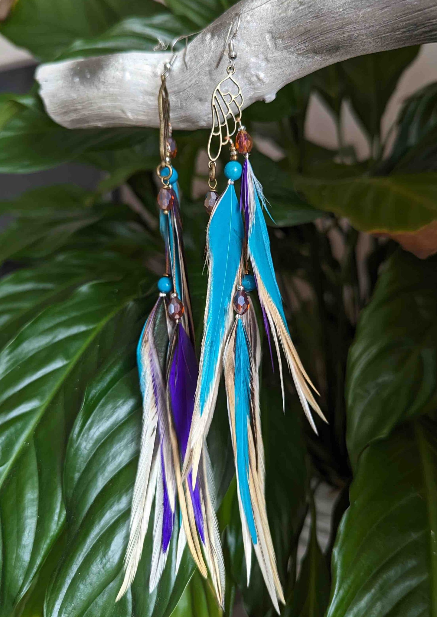 Feather Earrings purple blue wing 