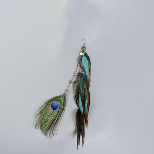 Feather earrings with Peacock feather, 42 feathers black, brown and turquoise colors