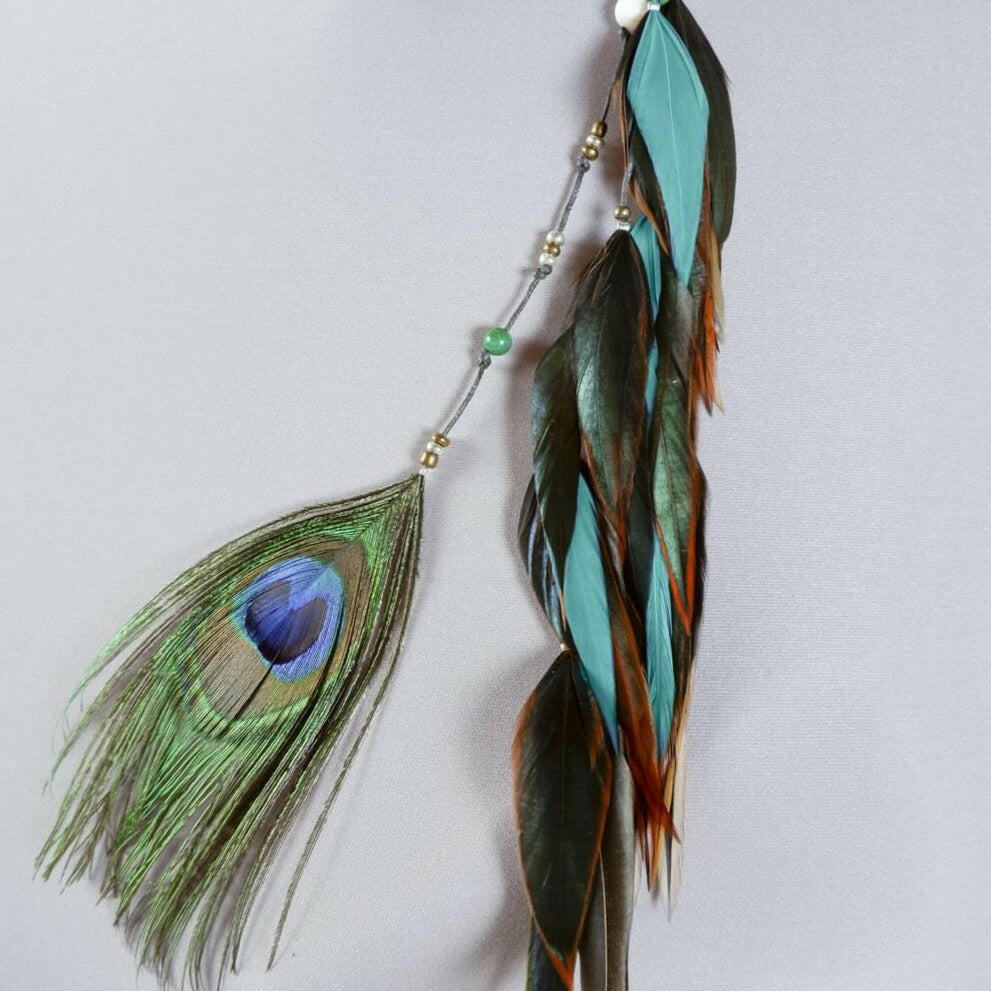 Feather earrings with Peacock feather, 42 feathers black, brown and turquoise colors