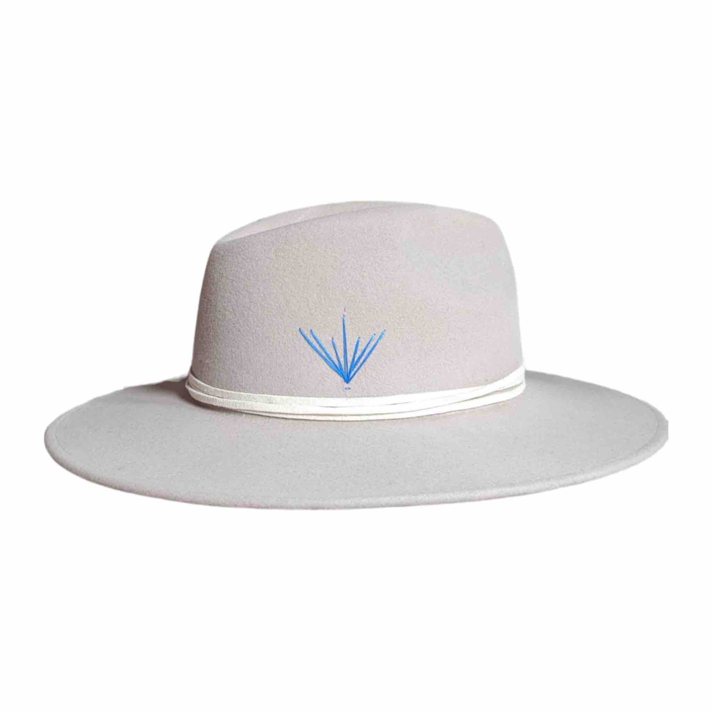 Light Grey Fur Felt Fedora Hat With Blue Embroidery and Crystal