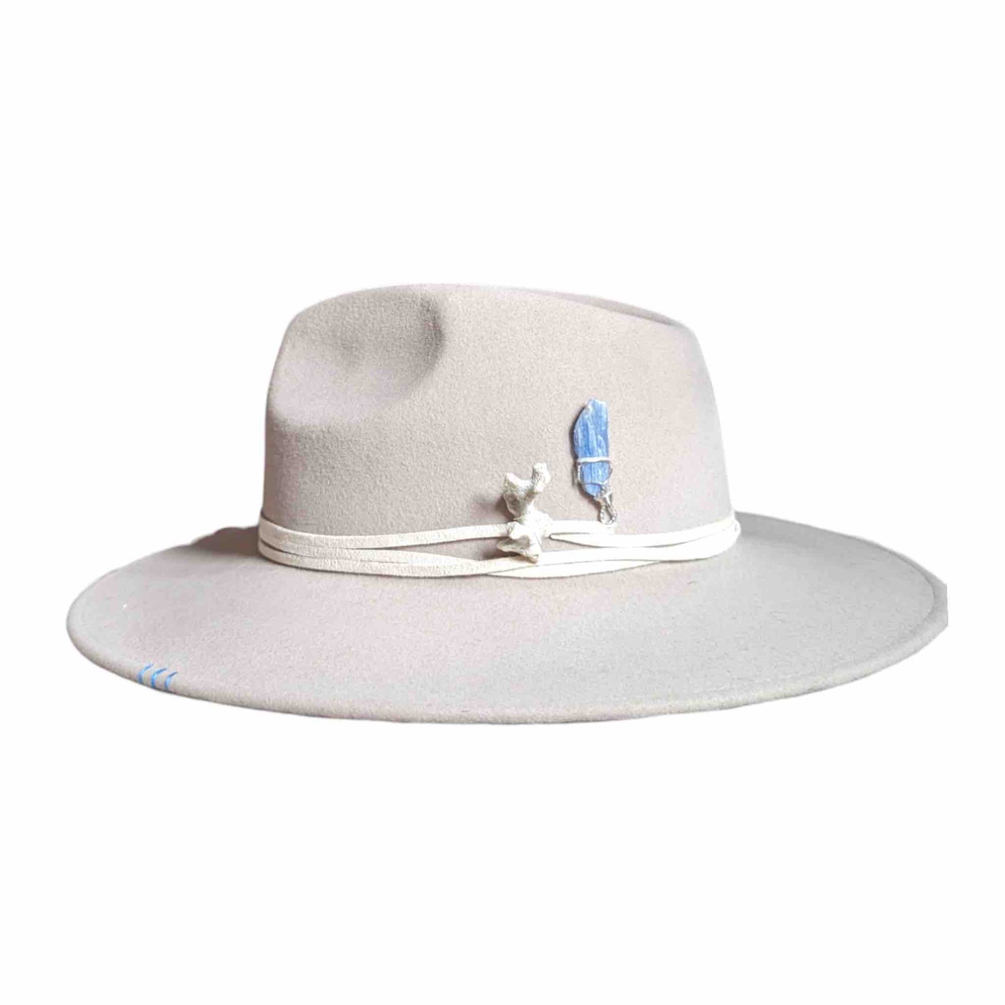 Light Grey Fur Felt Fedora Hat With Blue Embroidery and Crystal