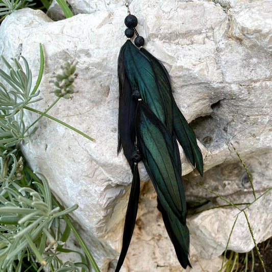 Black Green Feather Earrings.