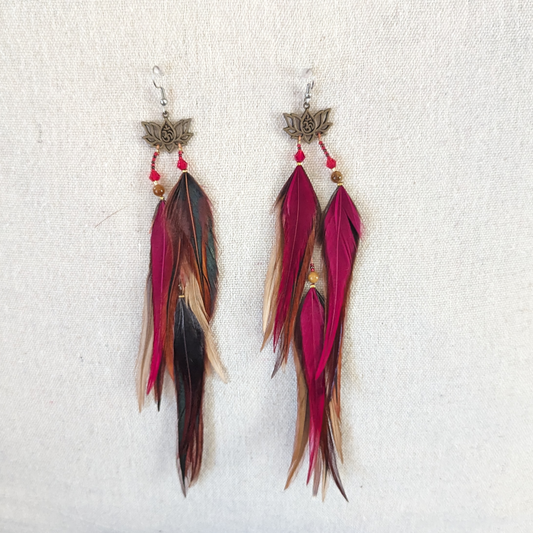 Lotus Black Red Feather Earrings