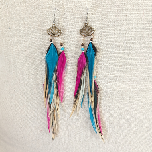 Lotus Blue Pink Feather Earrings