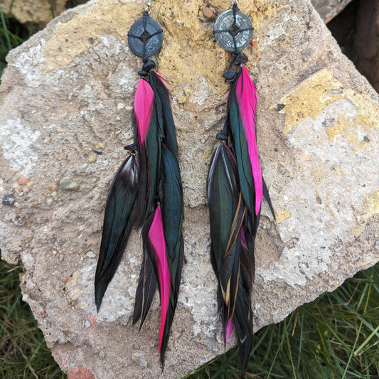 Black Pink Feather Earrings.