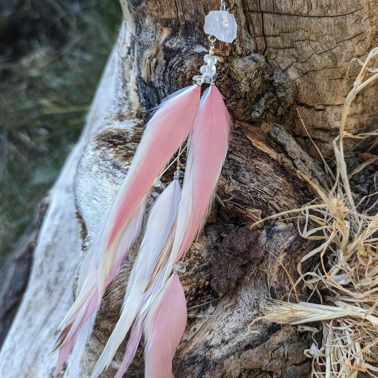 Crystal White Baby Pink Blue Feather Earrings.