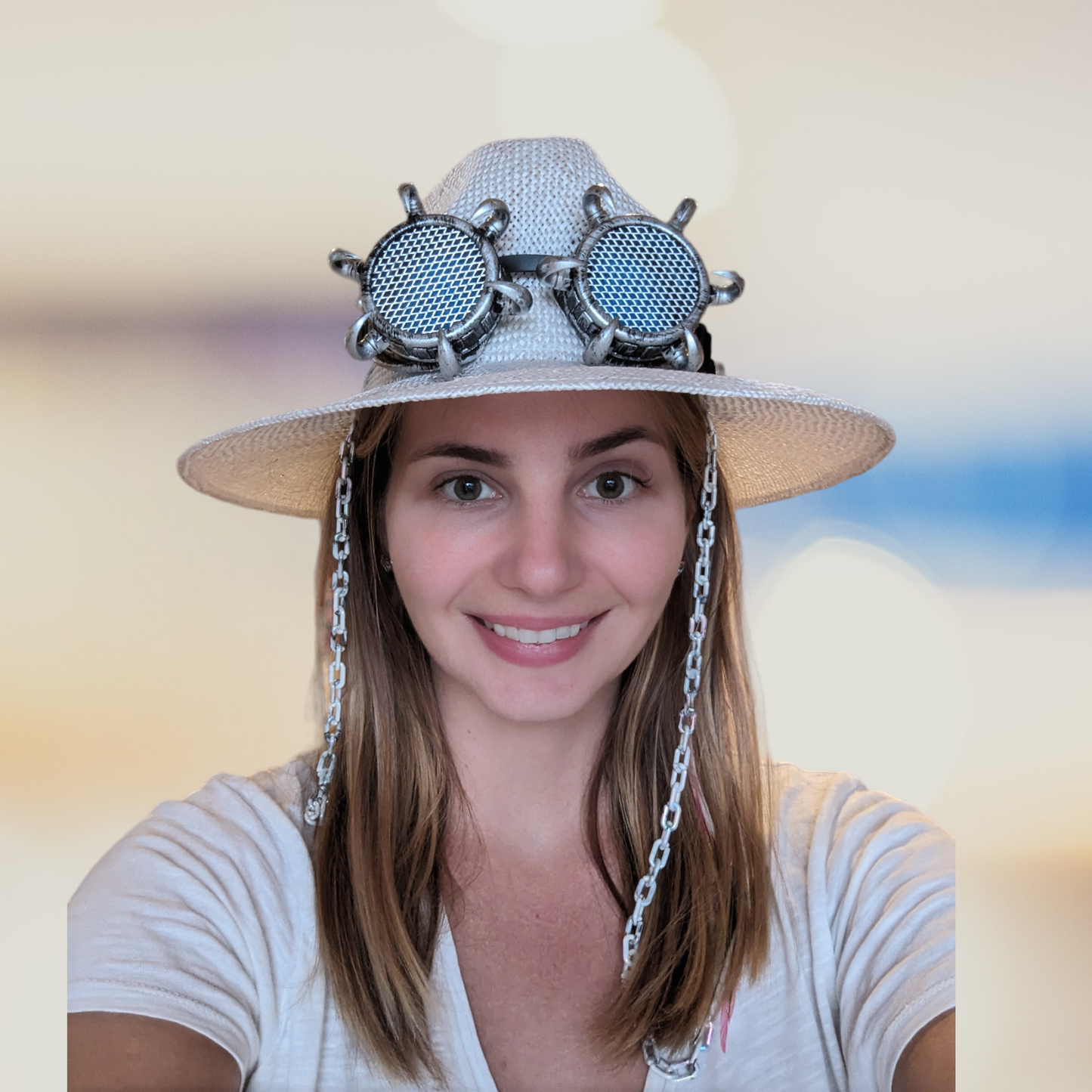 White Fedora Straw Hat With Punk Goggles