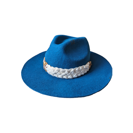 Blue Fedora Fine Wool Hat with Burned Patterns