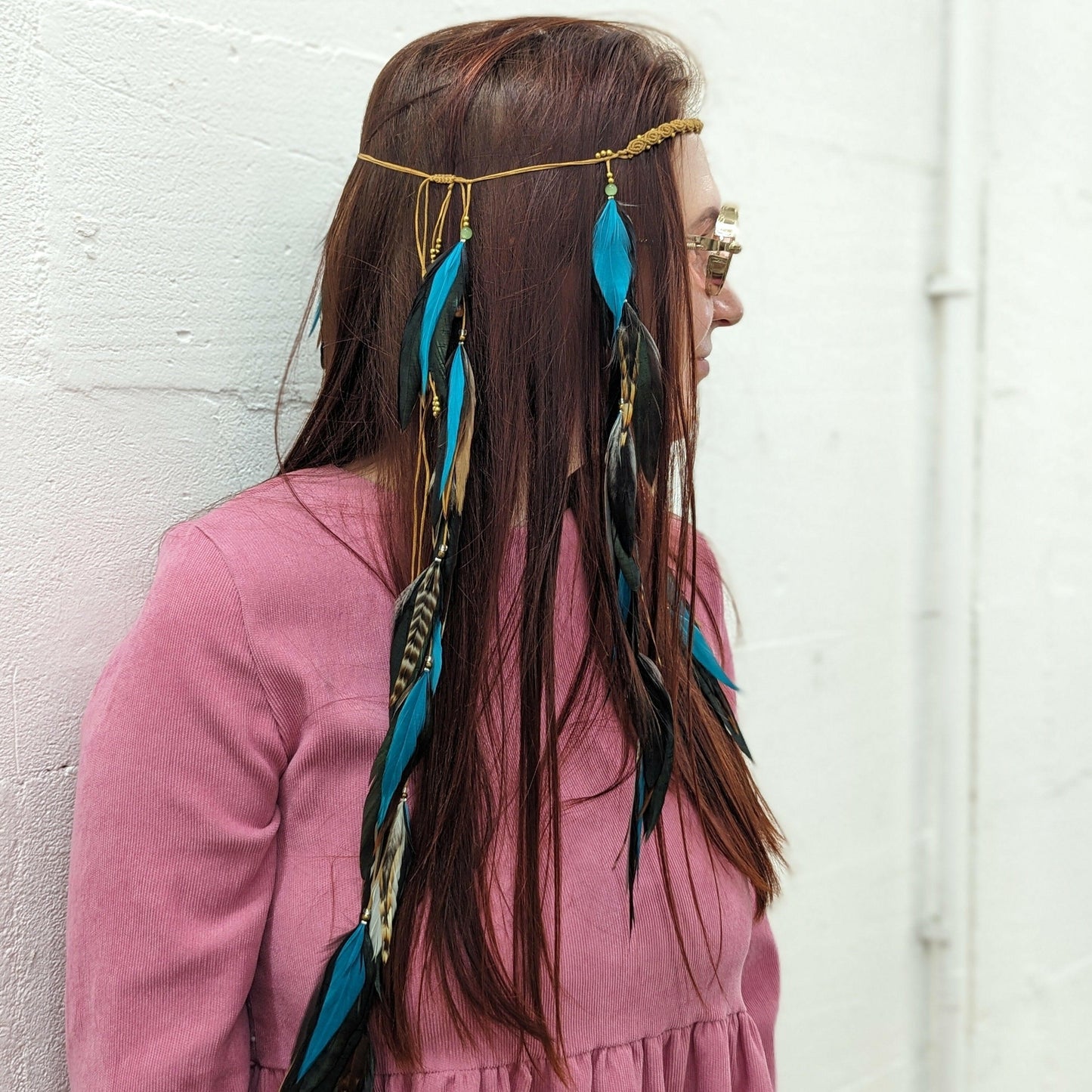 Feather Headband Turquoise Brown White