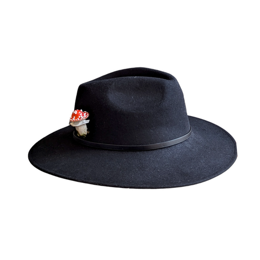 Black Fur Felt Fedora Hat with a Secret Mushroom