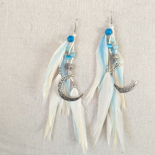 Moon White Blue Feather Earrings