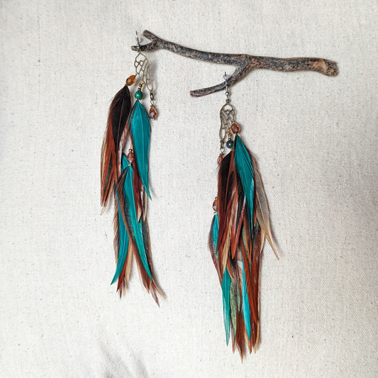 Green Brown Feather Earrings 