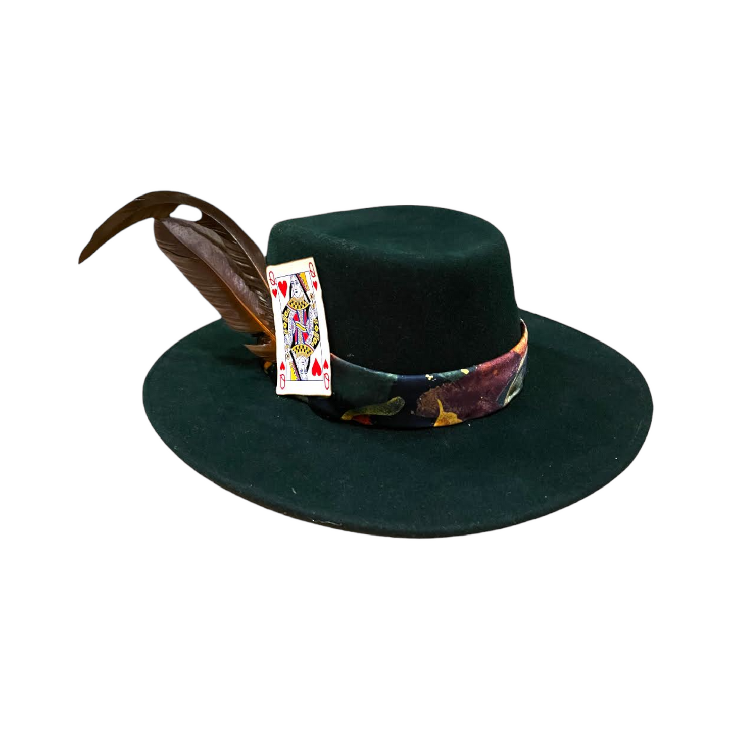 Dark Green Fedora Fur Felt Hat With a Card and Feather