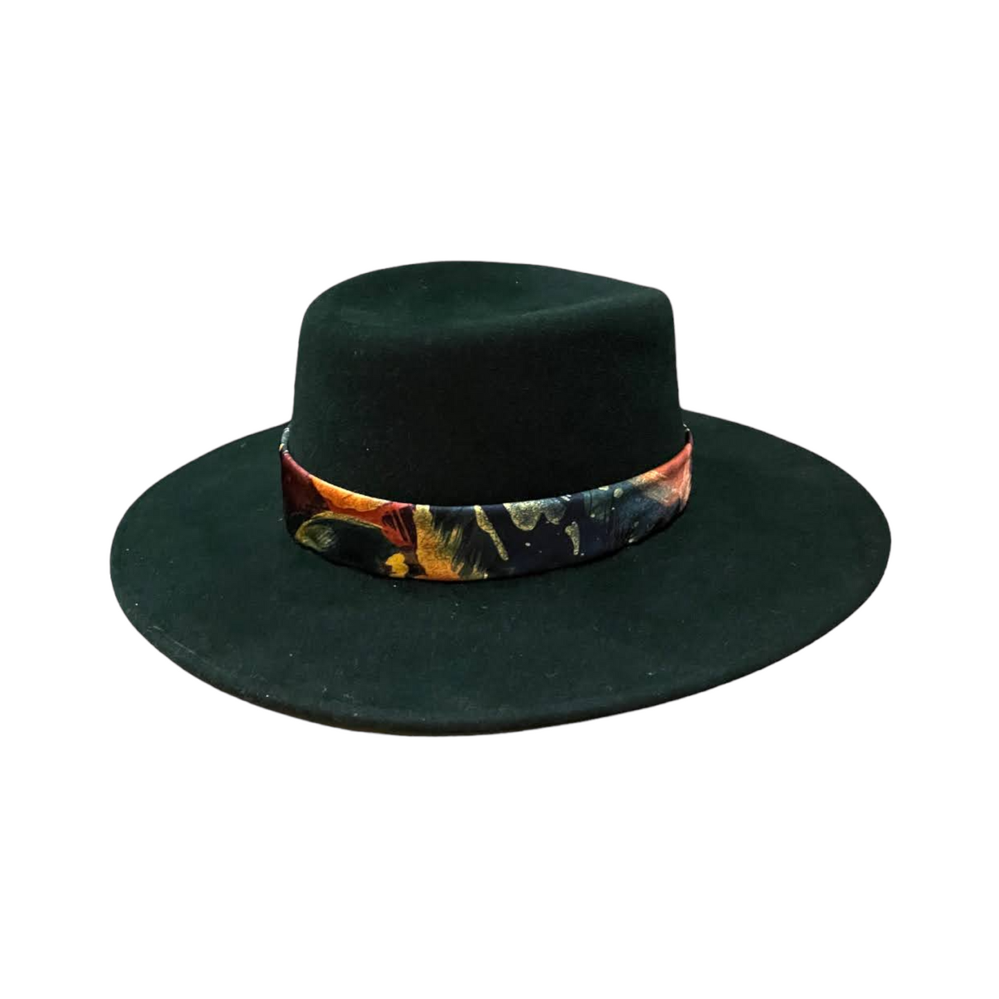 Dark Green Fedora Fur Felt Hat With a Card and Feather