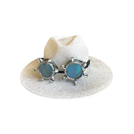 White Fedora Straw Hat With Punk Goggles