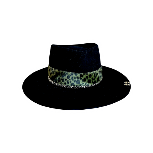 Black Beaver Fedora Hat with Skulls and Green Leopard band