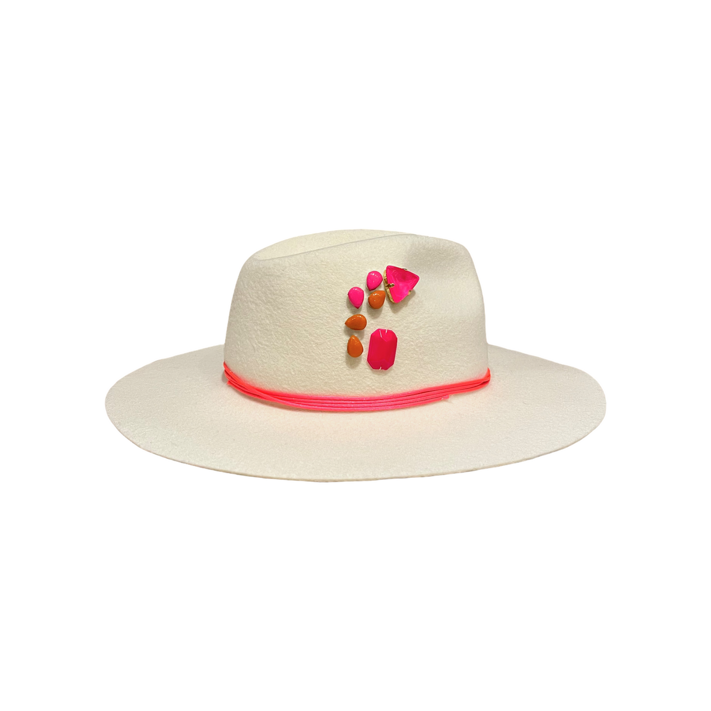 White Fedora Fur Felt Hat With Pink Gem Stones