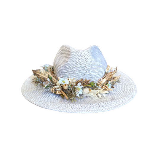 White straw hat with dried flower band 