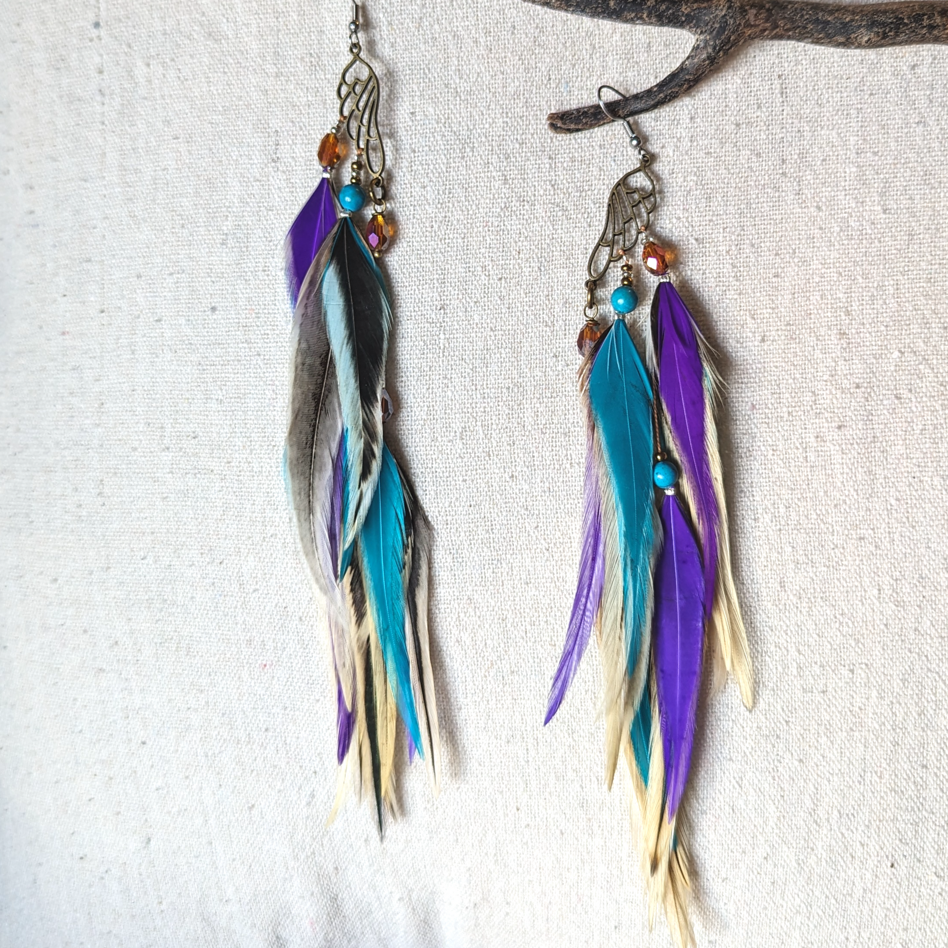 Turquoise Purple Feather Earrings with Wings 