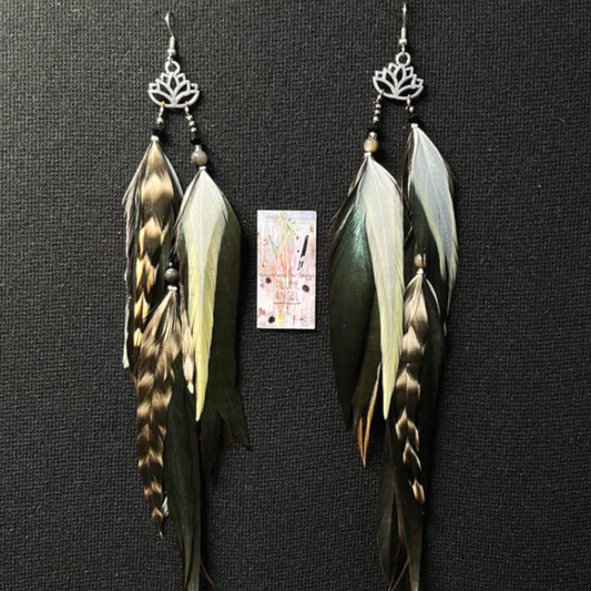 Lotus Black and White Feather Earrings