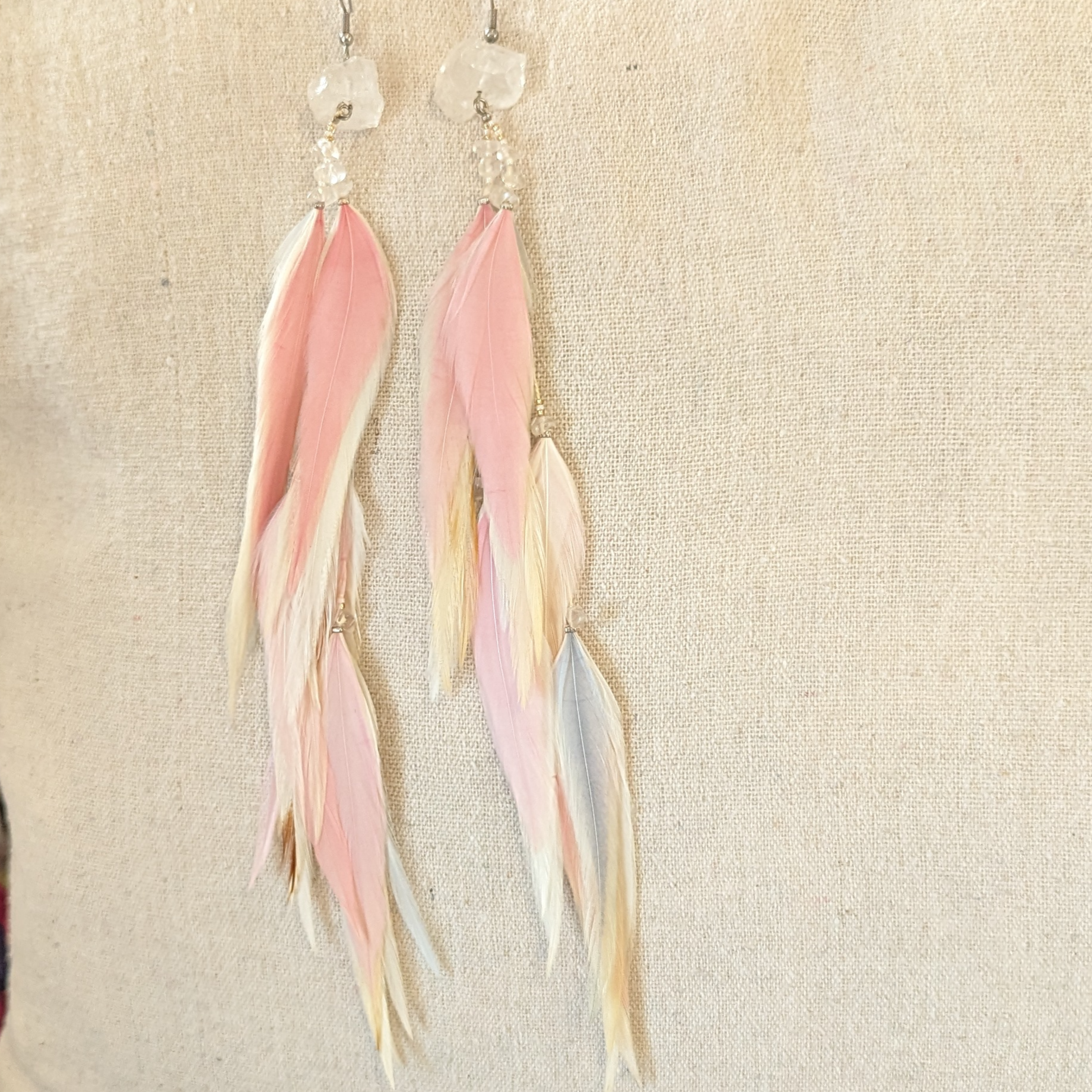 white pink feather earrings crystal