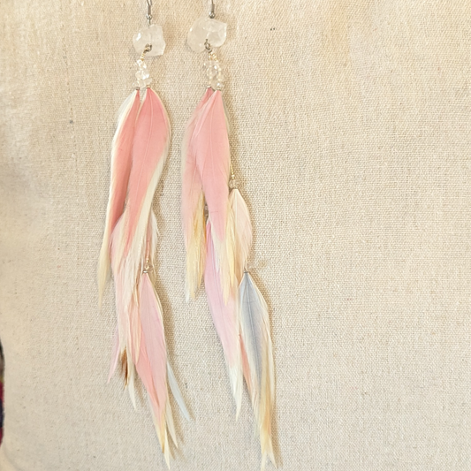 white pink feather earrings crystal